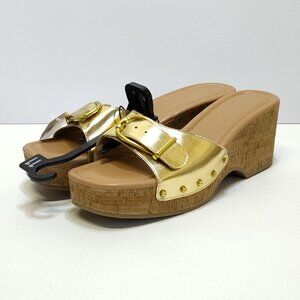 Time and Tru Gold Buckle Cork Wedge Platform Memory Foam Sandals Size 11 NWT